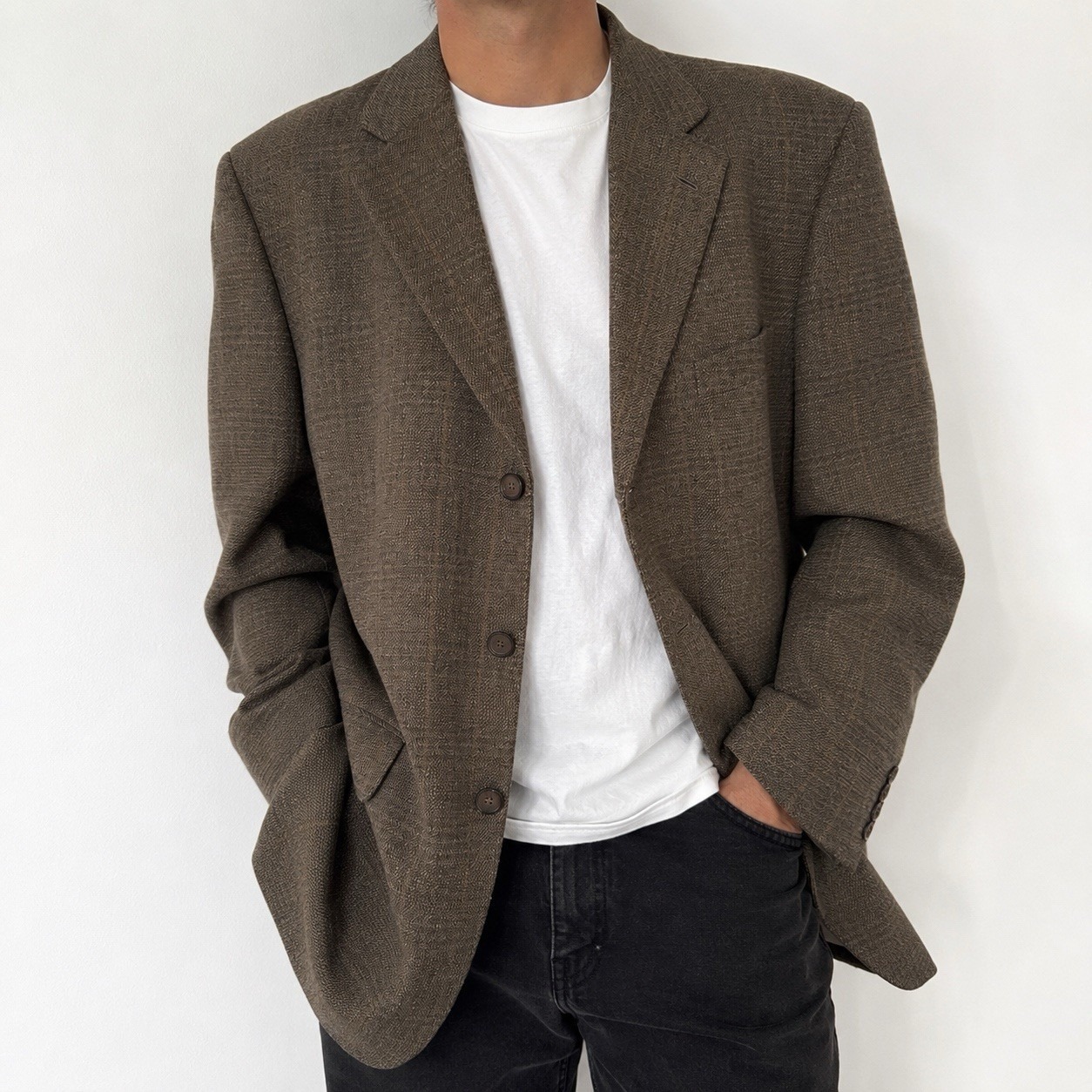Vtg 90s Calvin Klein Wool Rayon Blazer 42 Usa Union Brown Three Button Classic